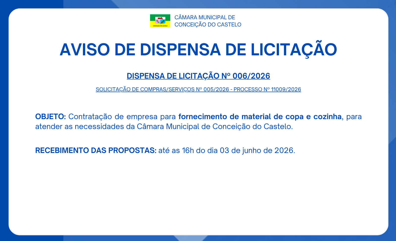 AVISO DE DISPENSA DE LICITAÇÃO Nº 006/2026