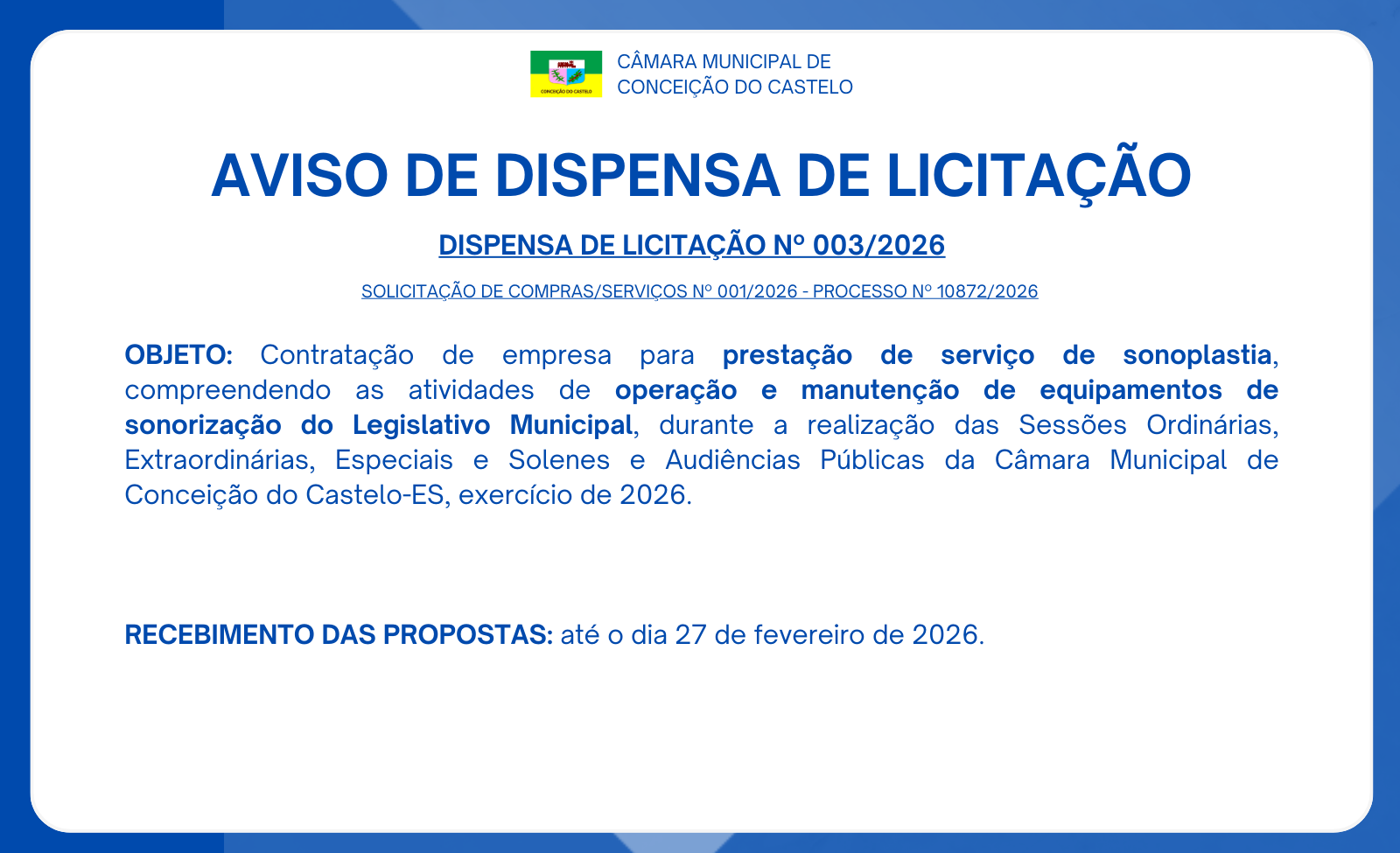 AVISO DE DISPENSA DE LICITAÇÃO Nº 003/2026