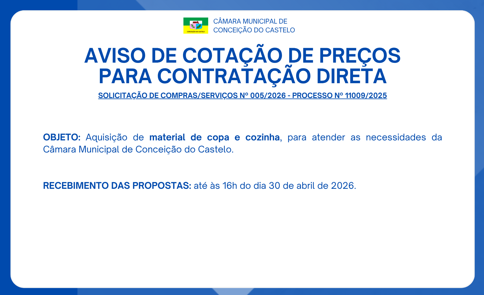 AVISO DE COTAÇÃO DE PREÇOS Nº 003/2026 - MATERIAL DE COPA E COZINHA