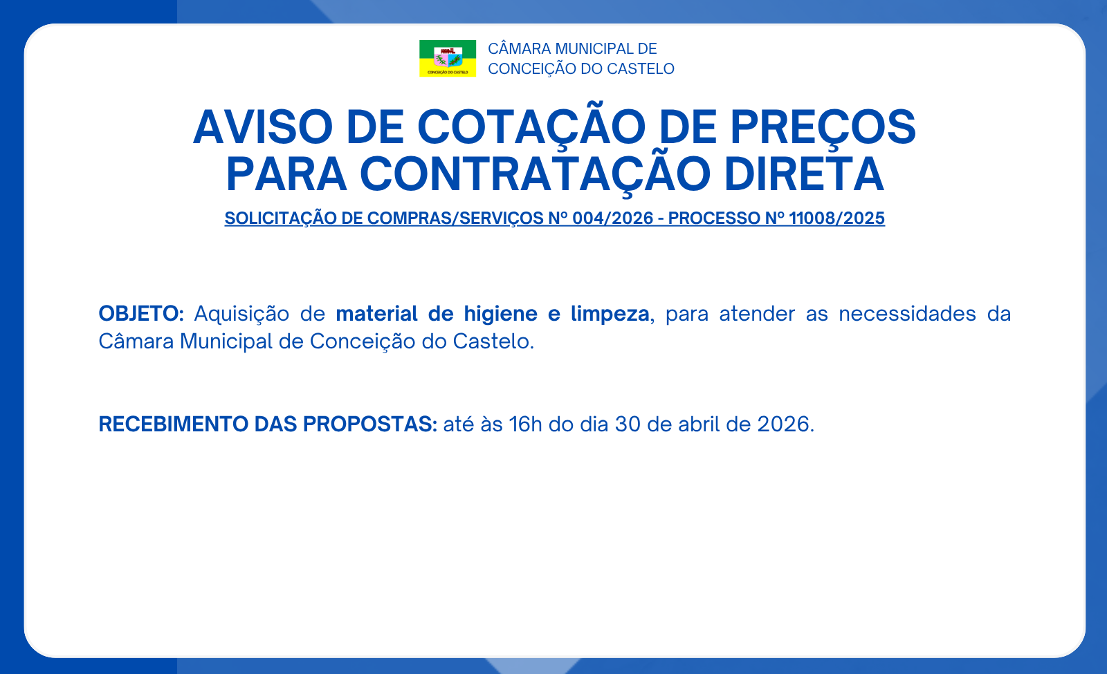 AVISO DE COTAÇÃO DE PREÇOS Nº 002/2026 - MATERIAL DE HIGIENE E LIMPEZA
