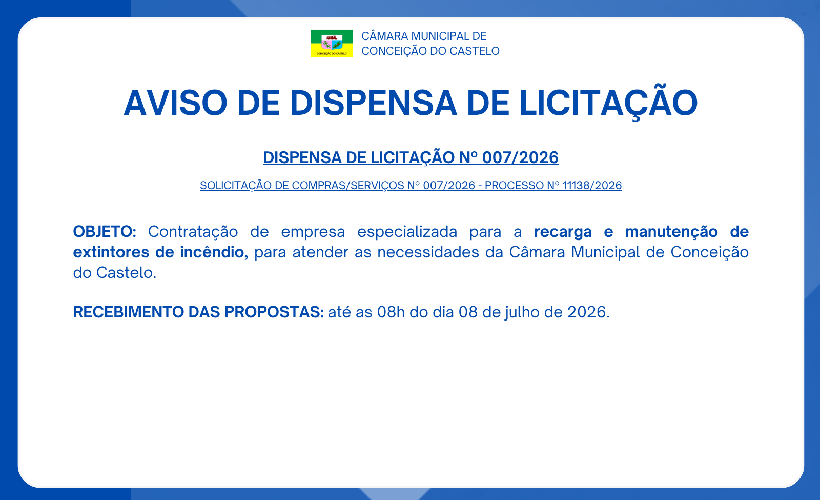 AVISO DE DISPENSA DE LICITAÇÃO Nº 007/2026