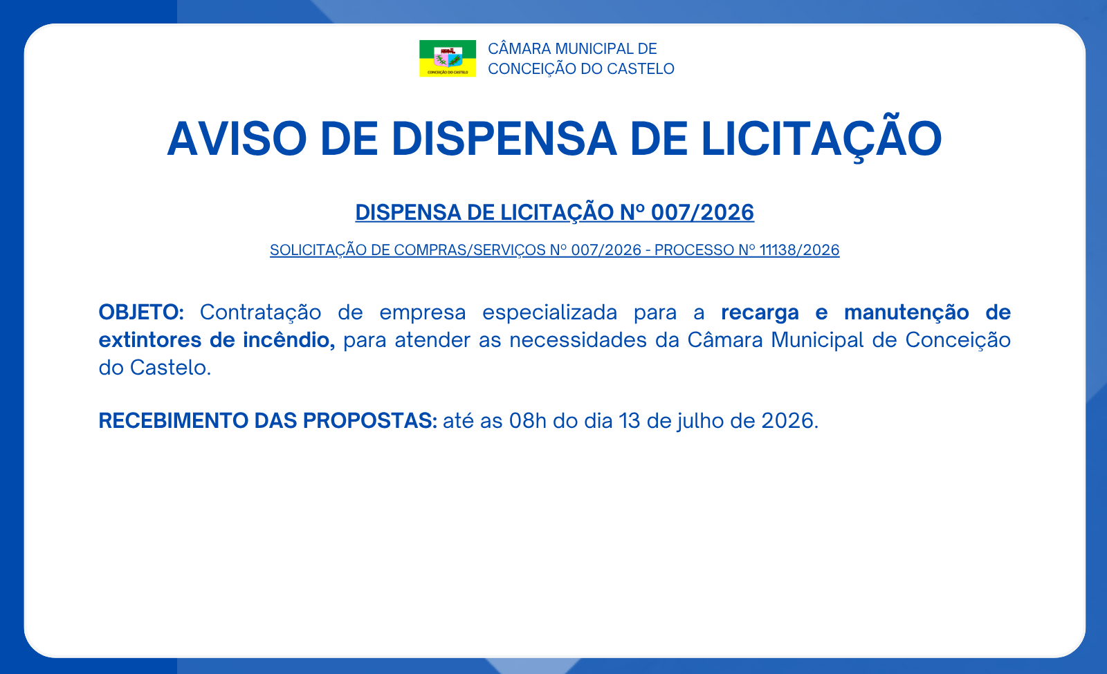 AVISO DE DISPENSA DE LICITAÇÃO Nº 007/2026