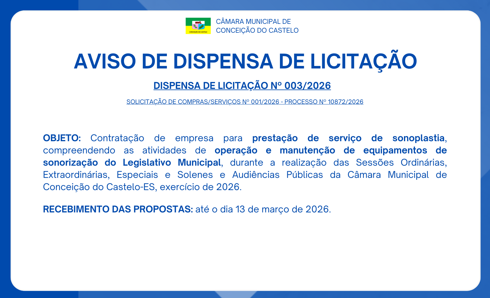 AVISO DE DISPENSA DE LICITAÇÃO Nº 003/2026