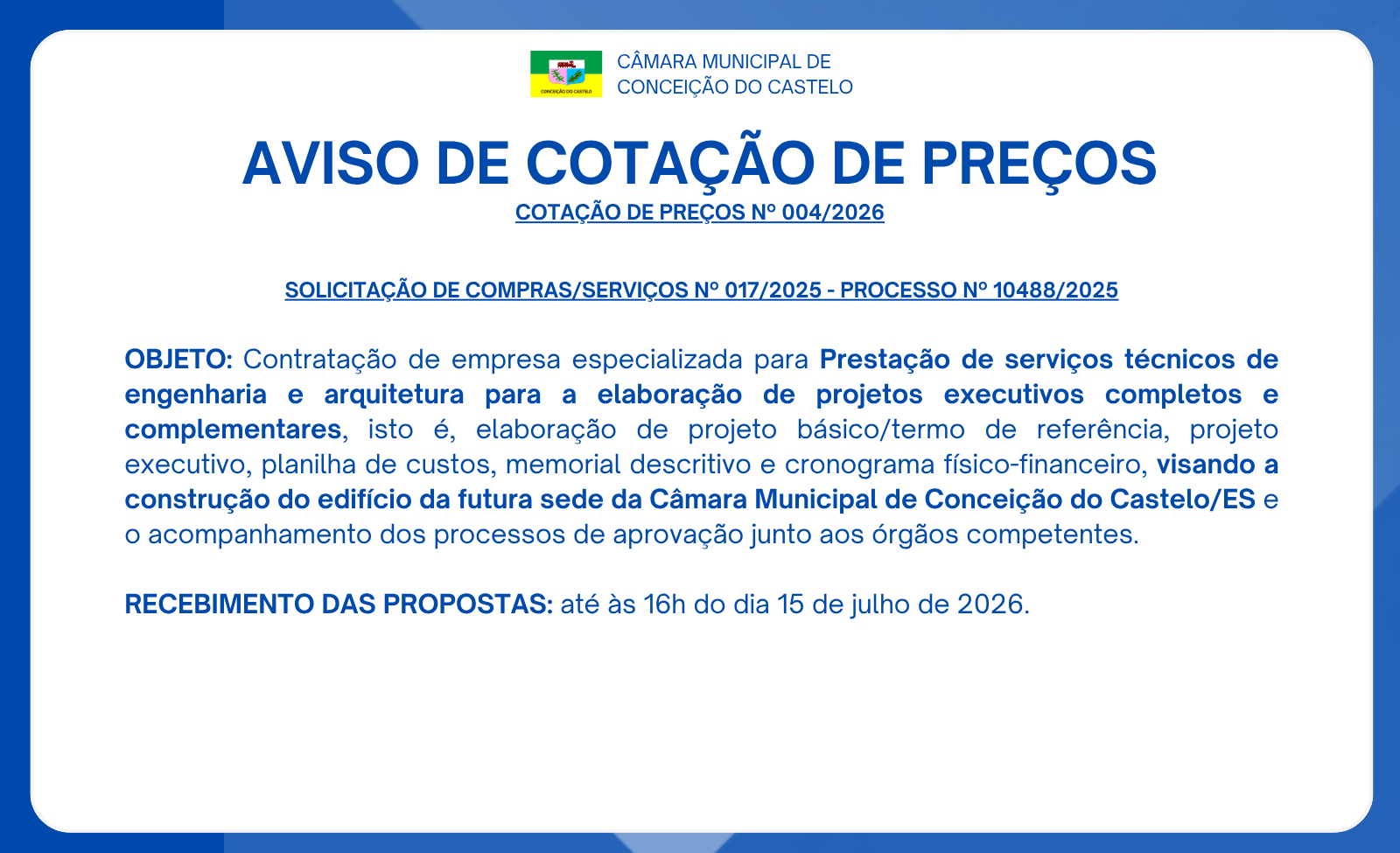 AVISO DE COTAÇÃO DE PREÇOS Nº 004/2026 - SERVIÇOS TÉCNICOS DE ENGENHARIA E ARQUITETURA