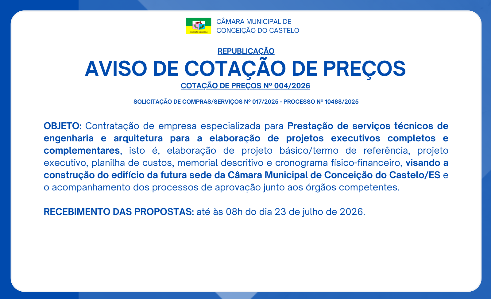 AVISO DE COTAÇÃO DE PREÇOS Nº 004/2026 - SERVIÇOS TÉCNICOS DE ENGENHARIA E ARQUITETURA